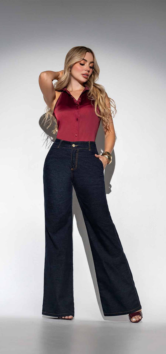 Ref. 700-1729 Jeans Palazzo. Tiro alto 1 botón, tela efecto gamuza. Tono azul industrial