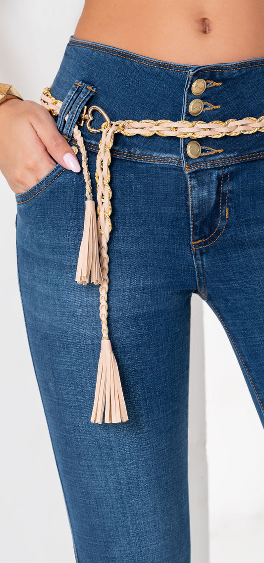 Ref. 700-1787 Jeans bota campana. Pretina alta control abdomen. Tono azul medio