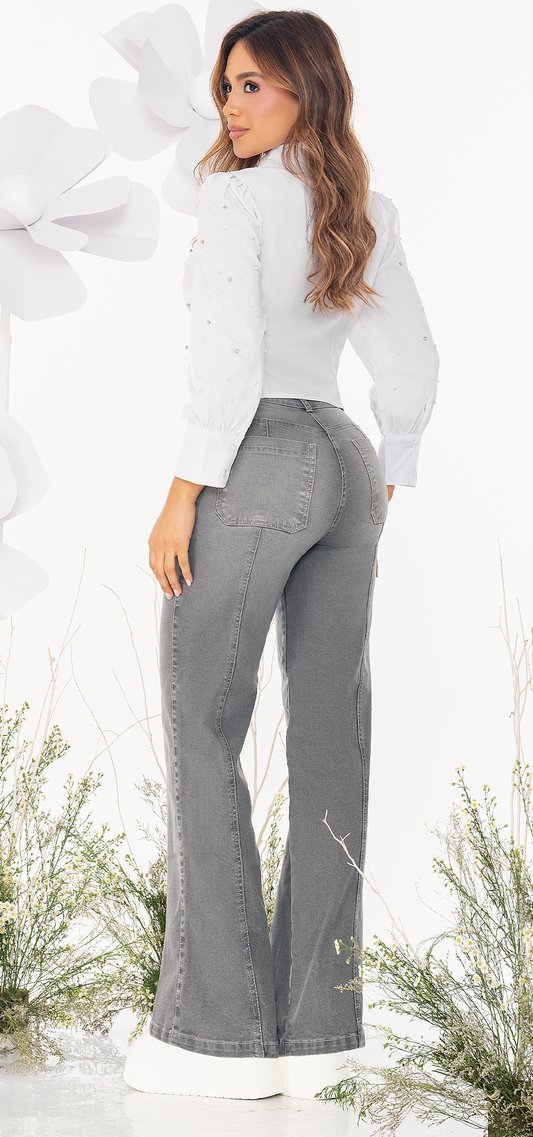 Ref. 700-1807 Jeans palazzo. Tiro alto 1 botón. gris claro