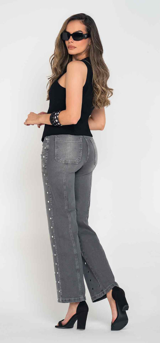Ref. 700-1807 Palazzo jeans. High-waist, 1 button. Light grey