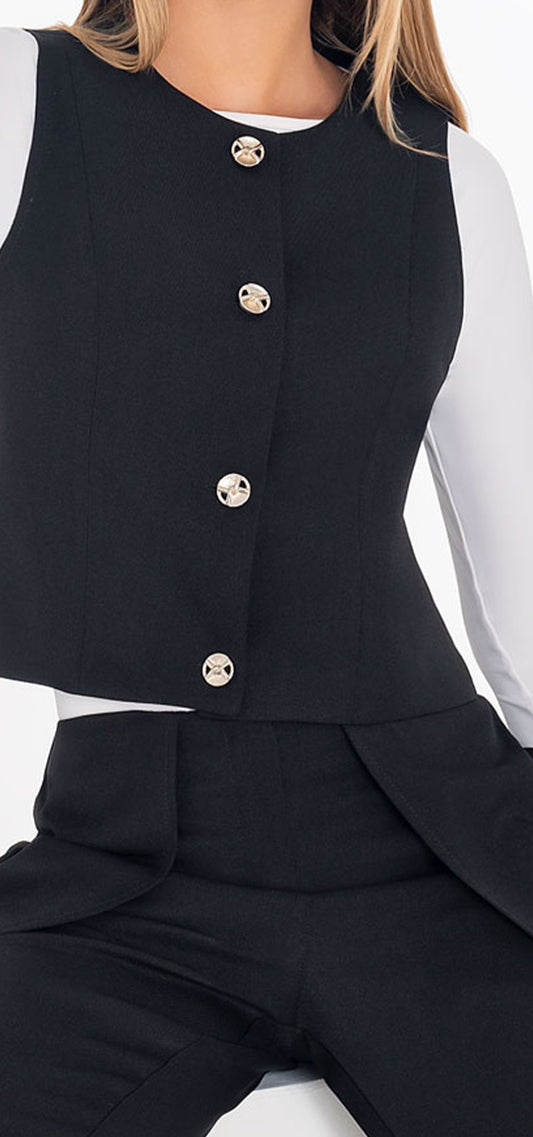 Ref. R-020 Chaleco semi ajustado. Material Lino liviano. Tono negro