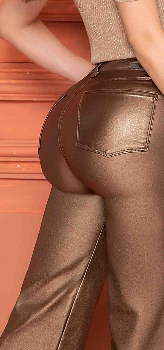Ref. 700-1614 Jeans palazzo. Tiro alto 1 botón. Efecto cuero. Tono bronce