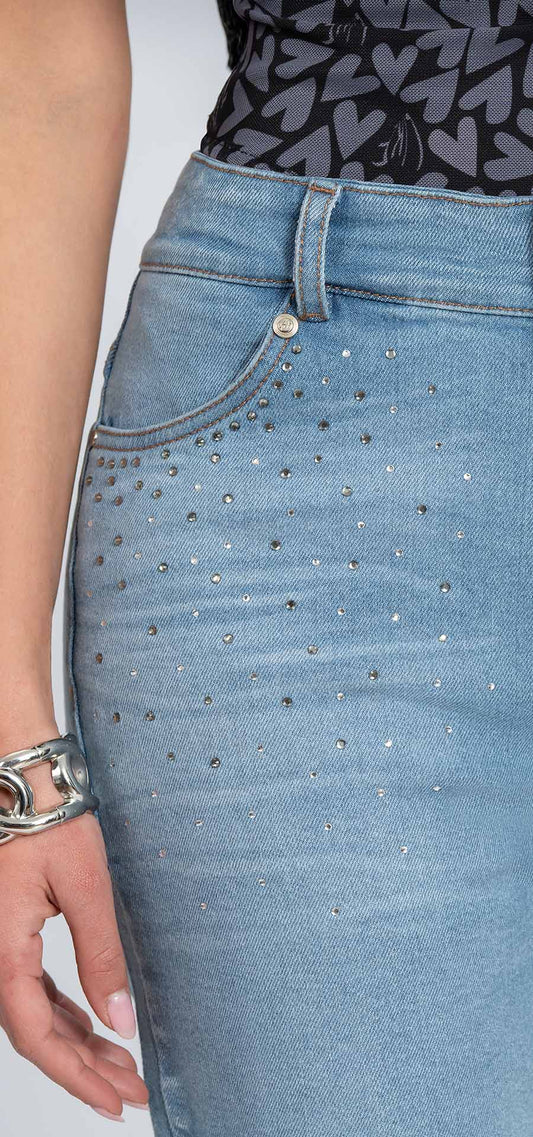 Ref. 700-1760 Jeans palazzo. Tiro alto 1 botón. Con brillos tono azul claro