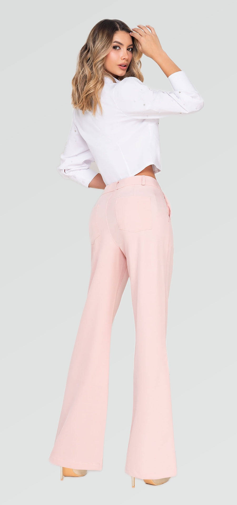 Ref. R-029 Palazzo Pants. High waist 1 button. Lightweight rigid linen. Dusty pink