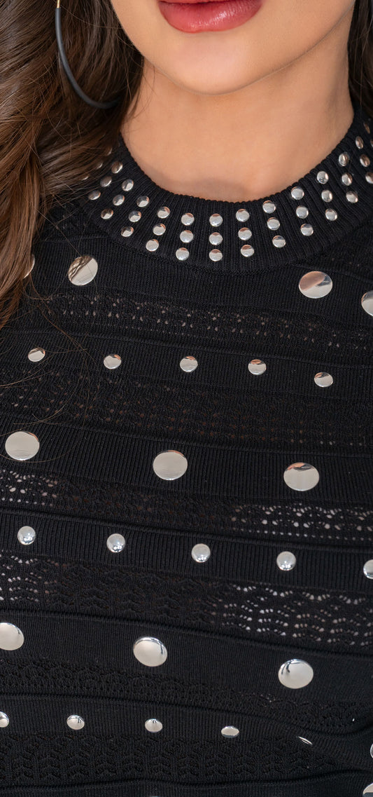 Blusa Negra con Apliques Metálicos – Ref. V-050, vista 2