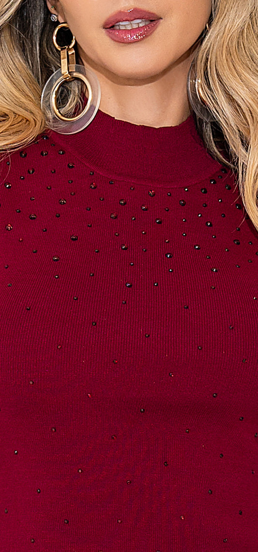 Blusa Vino Tinto de Cuello Tortuga con Pedrería – Ref. V-051, vista 2