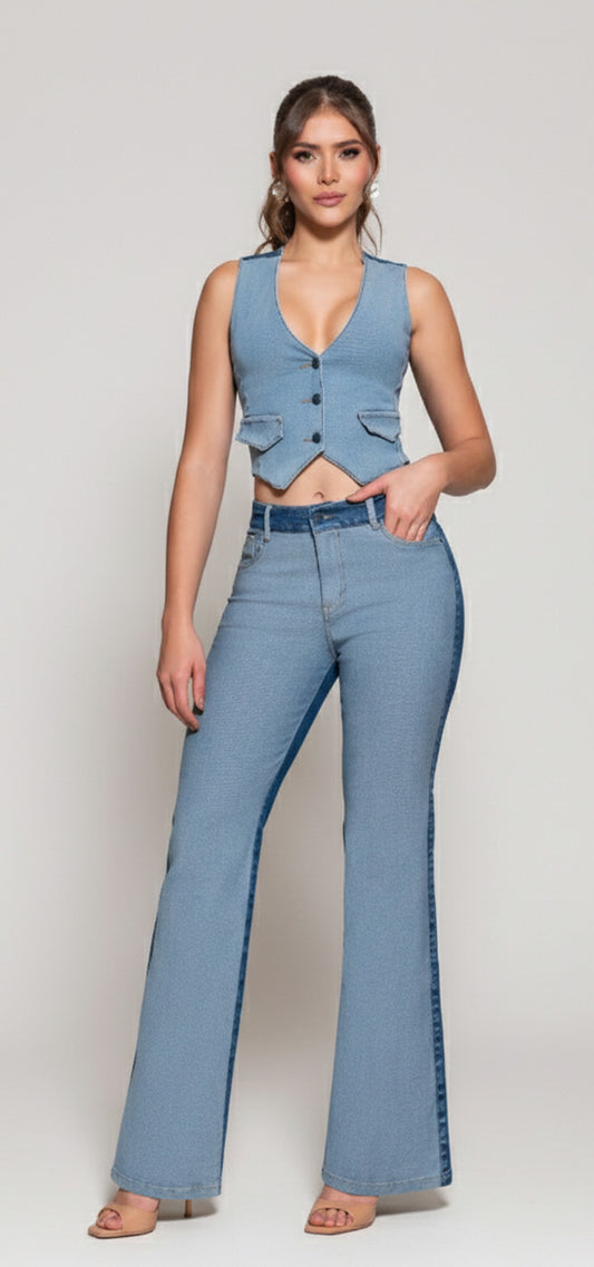 Ref. 700-1683 Jeans palazzo. Tiro alto 1 botón. azul patch work