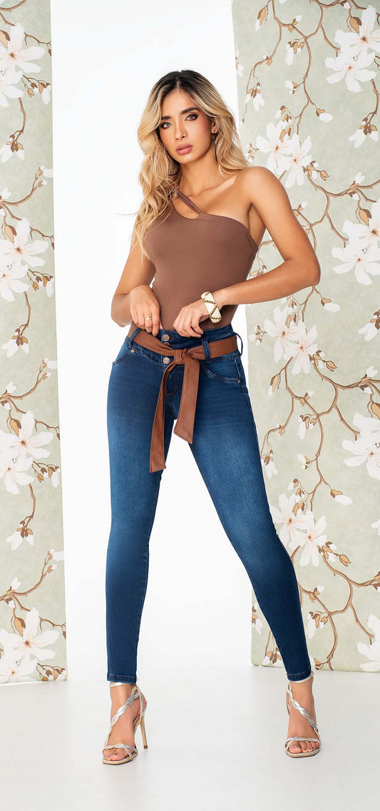 Ref. 700-1710 Peach skin fabric tube jeans. Medium blue tone.