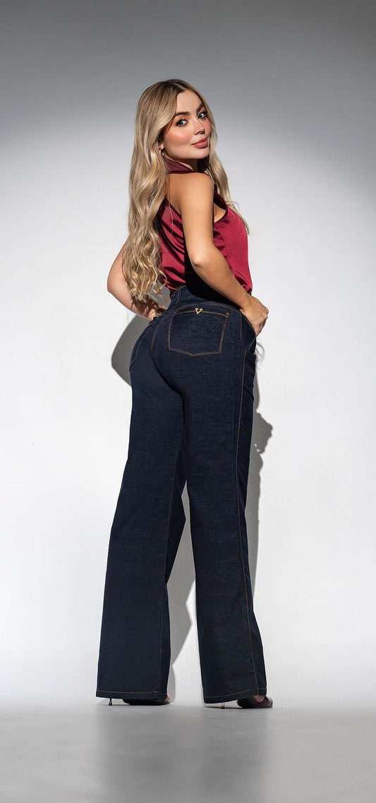 Ref. 700-1729 Jeans Palazzo. Tiro alto 1 botón, tela efecto gamuza. Tono azul industrial