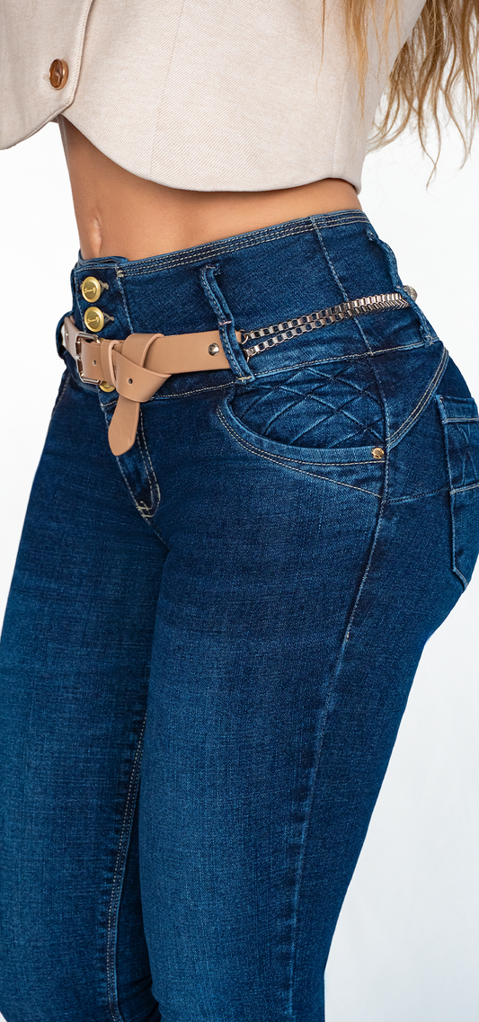 Ref. 700-1753 Jeans bota tubo. Pretina alta control abdomen. Tono azul medio oscuro