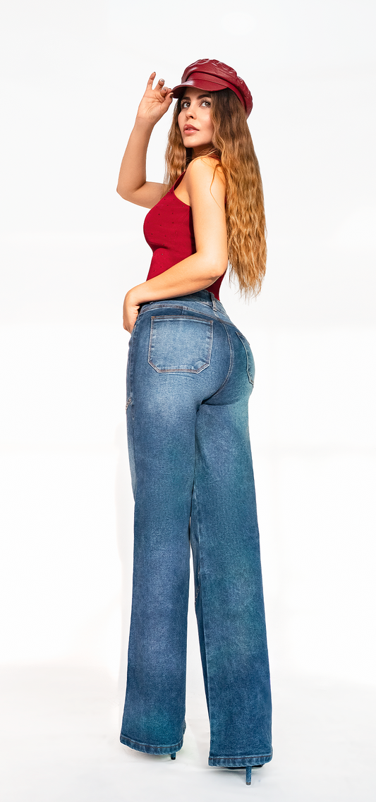 Ref. 700-1784 Palazzo jeans. High-waisted, 1 button. Medium blue with studs