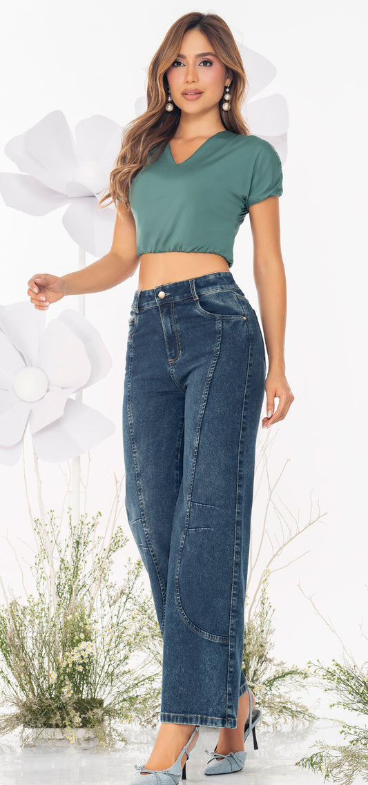 Ref. 700-1809 Jeans palazzo. Tiro alto 1 botón. azul medio