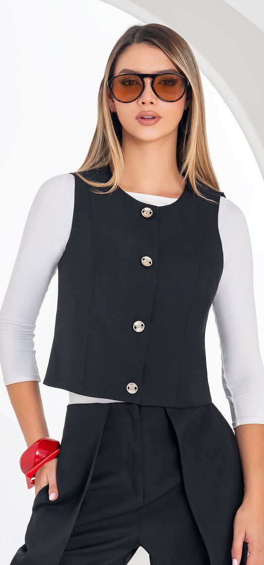 Ref. R-020 Chaleco semi ajustado. Material Lino liviano. Tono negro