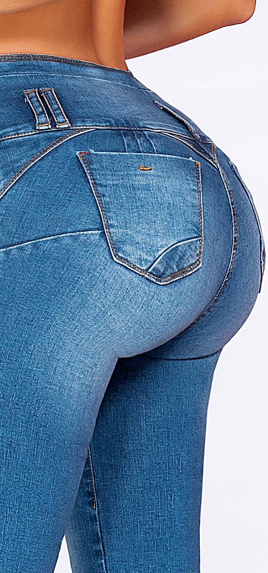 Ref. 700-1629 Jeans bota recta. Pretina alta control abdomen. Tono azul medio