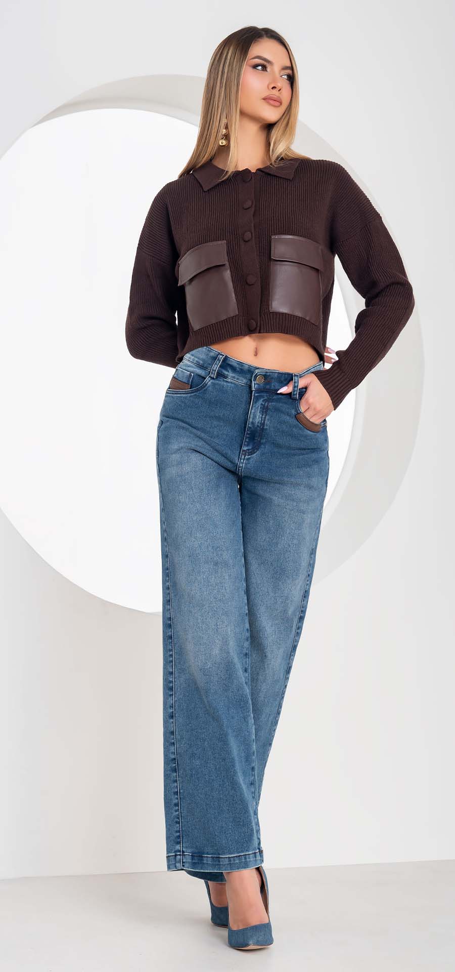 Ref. 700-1774 Jeans palazzo. Tiro alto 1 botón. azul medio