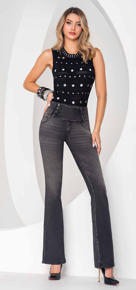 Ref. 700-1759 Jeans bota campana. Pretina alta control abdomen. Tono gris