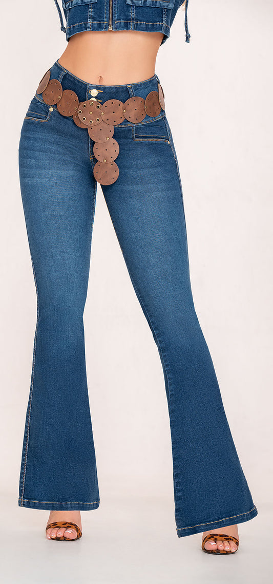 Ref. 700-1655 Jeans bota campana. Pretina alta control abdomen. Tono azul medio