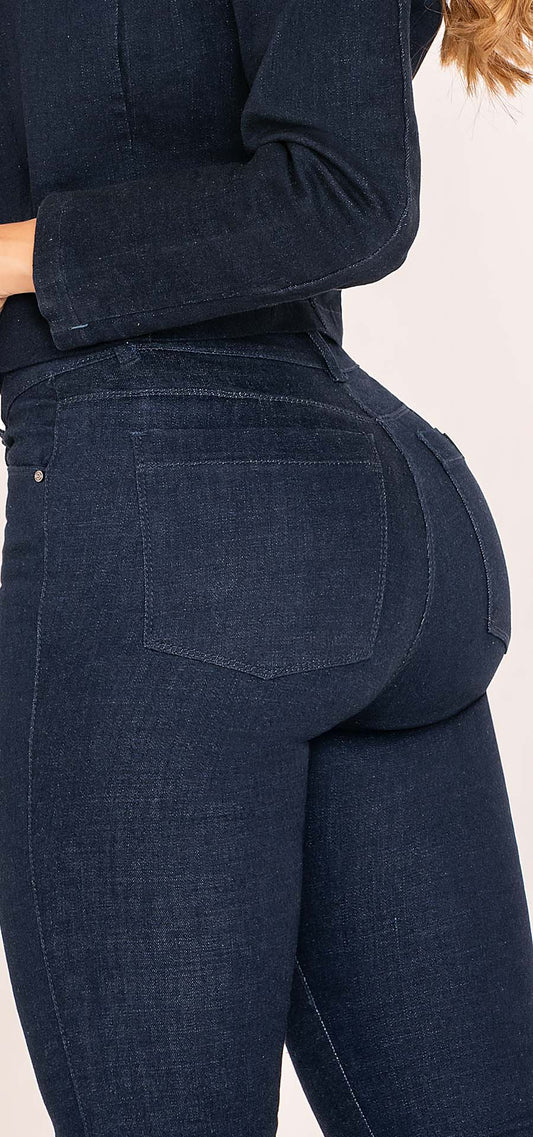 Ref. 700-1665 Jeans bota campana. Tiro alto 1 botón. Tono azul industrial