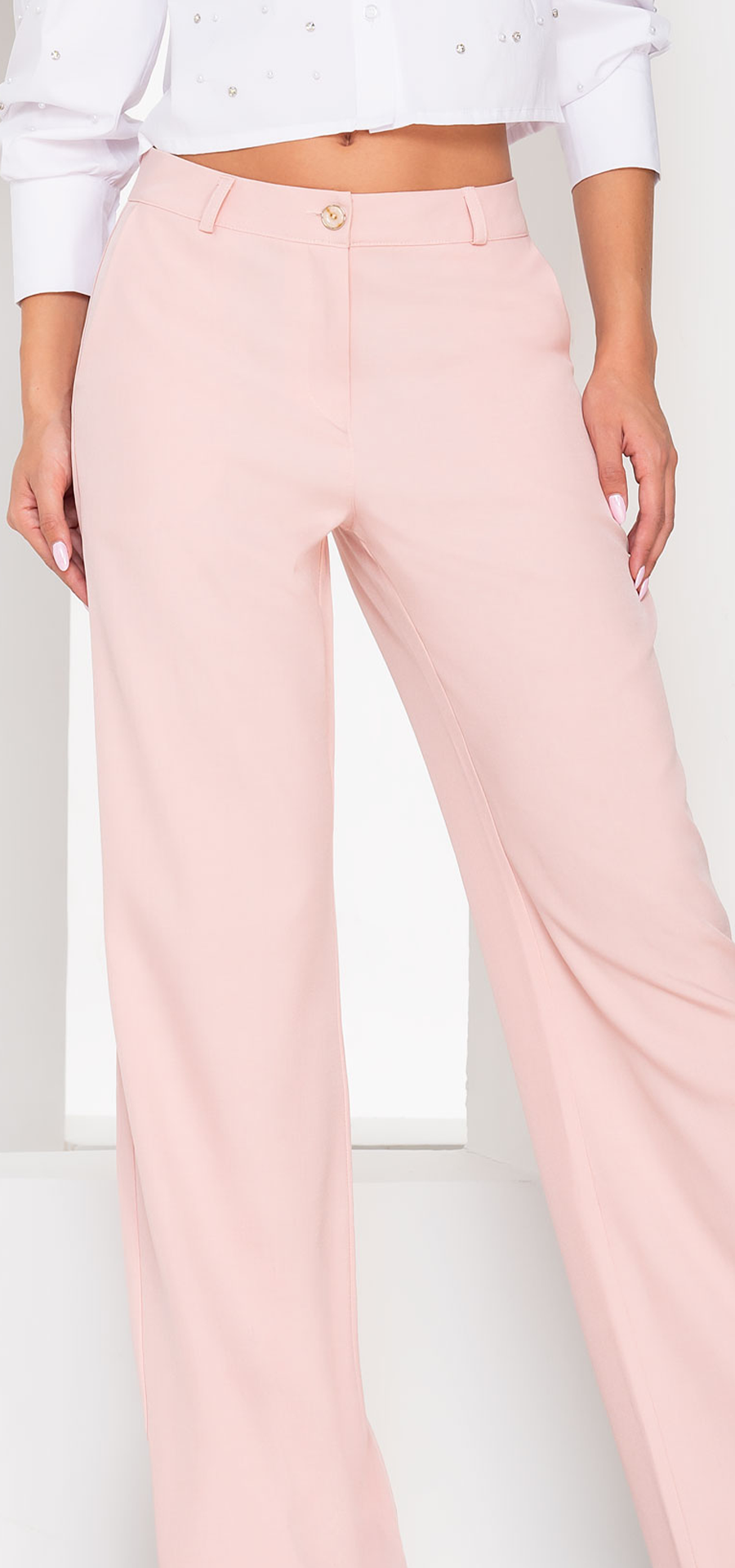 Ref. R-029 Pantalón Palazzo. Tiro alto 1 botón. Lino liviano rígido. Tono palo de rosa