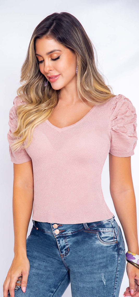 Ref. V-012 Blusa licrada con brillo. Tono palo de rosa