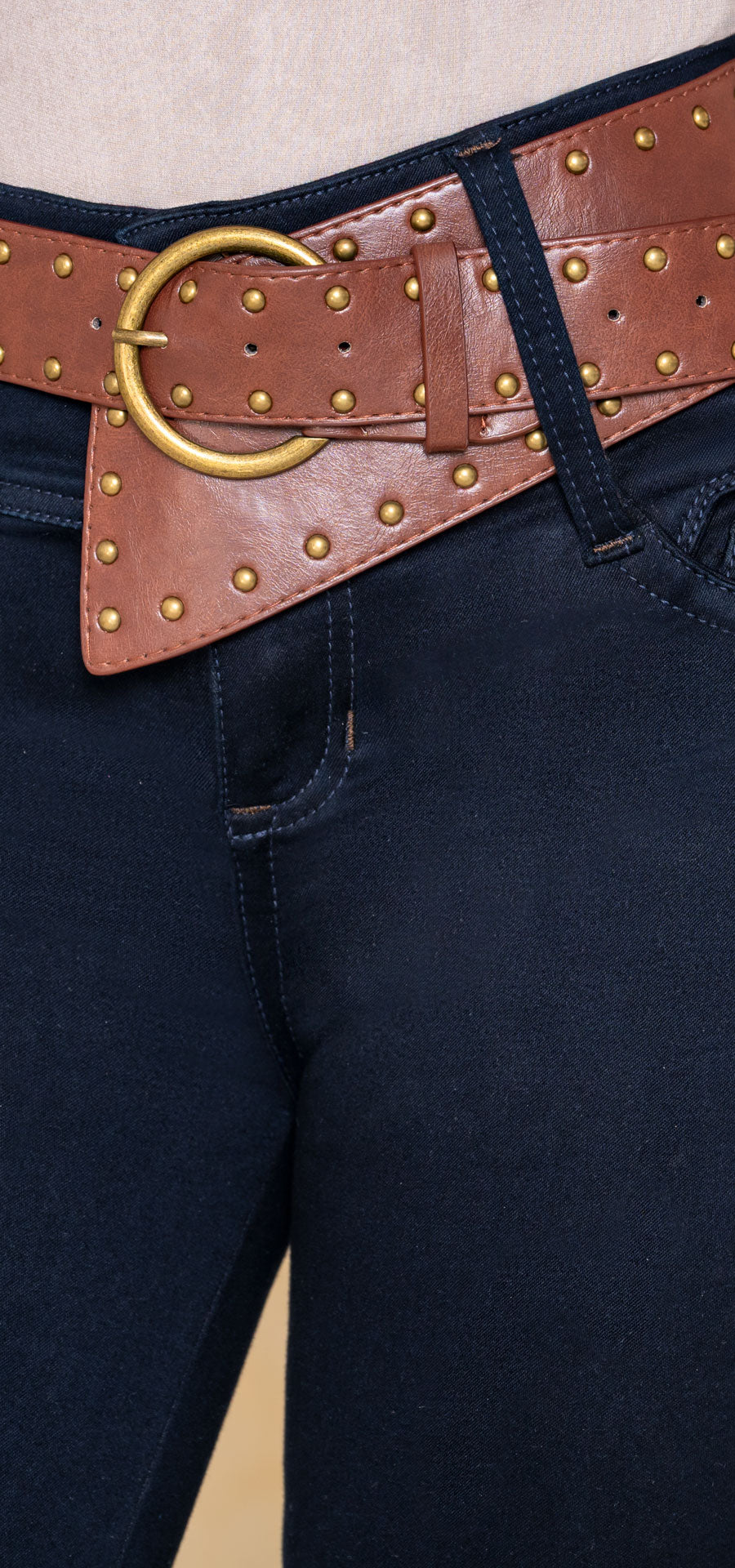 Jean Skinny Índigo Oscuro con Cinturón Café de Taches – Ref. 700-1907, vista 3