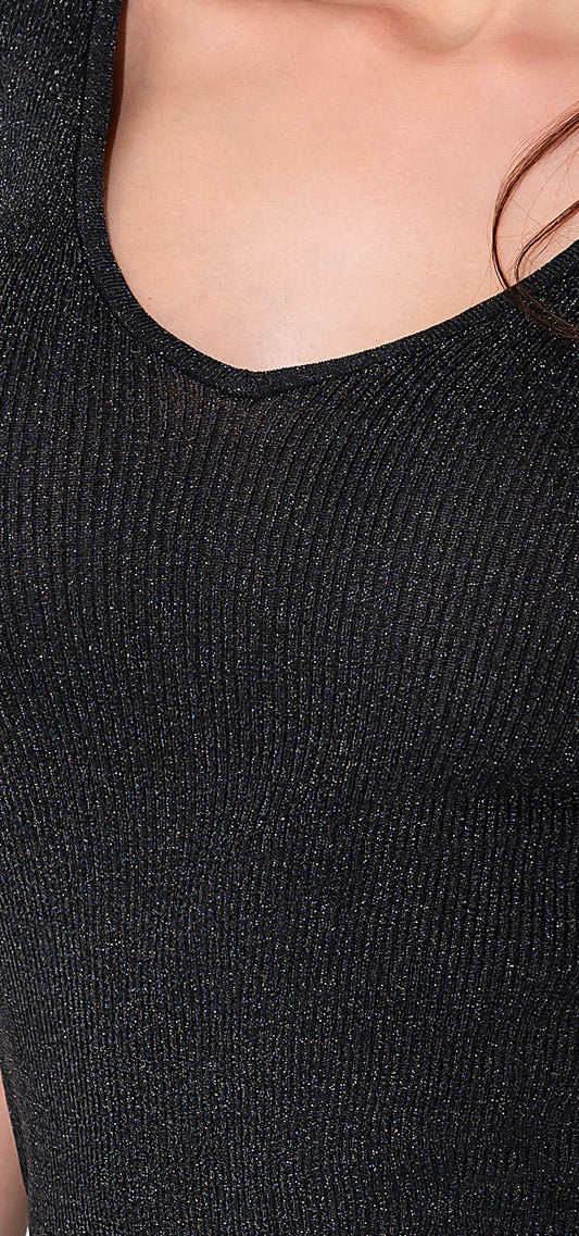 Blusa Negra con Mangas Globo y Lurex Plata – Ref. V-063, vista 2