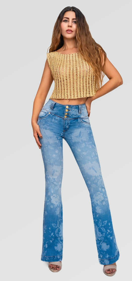 Ref. 700-1680 Bell bottom jeans. High-rise tummy control waistband. Light blue wash with laser finish
